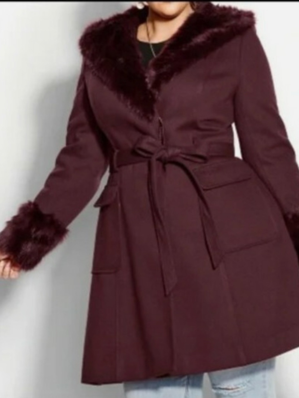 City Chic Women's Bordeaux Make me Blush Coat Plus Size 18 Faux Fur Trim